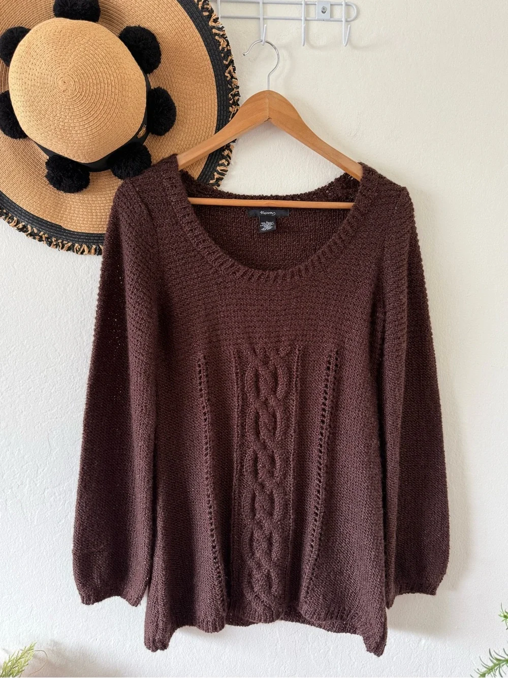 Raisey Brown Wool Blend Cable Knit Babydoll Sweater Shimmer Size Large Y2K Fall